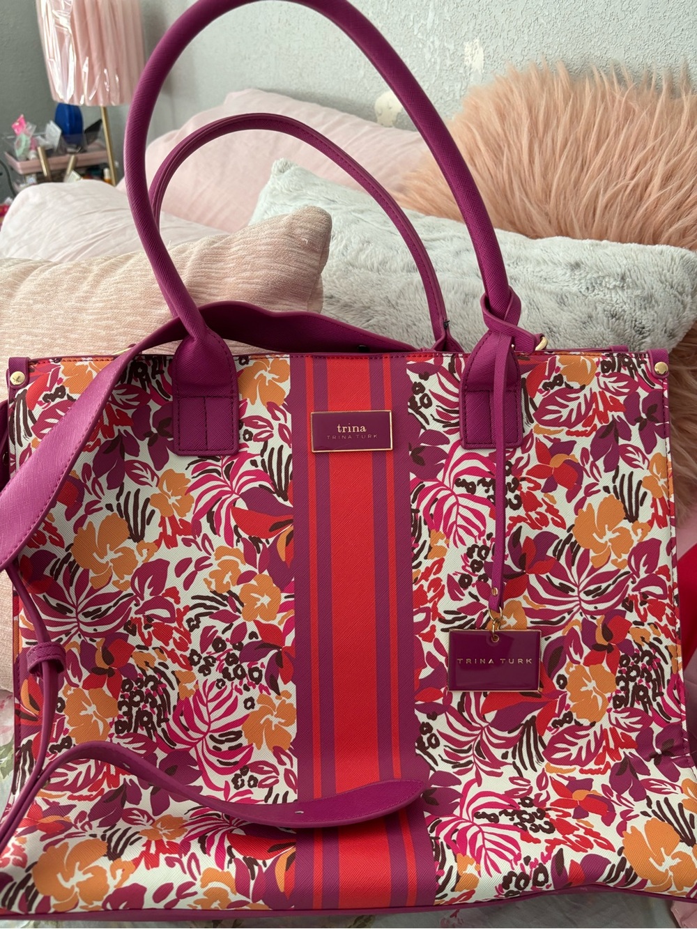 Trina Turk Pink Orange Floral Stripe Tote